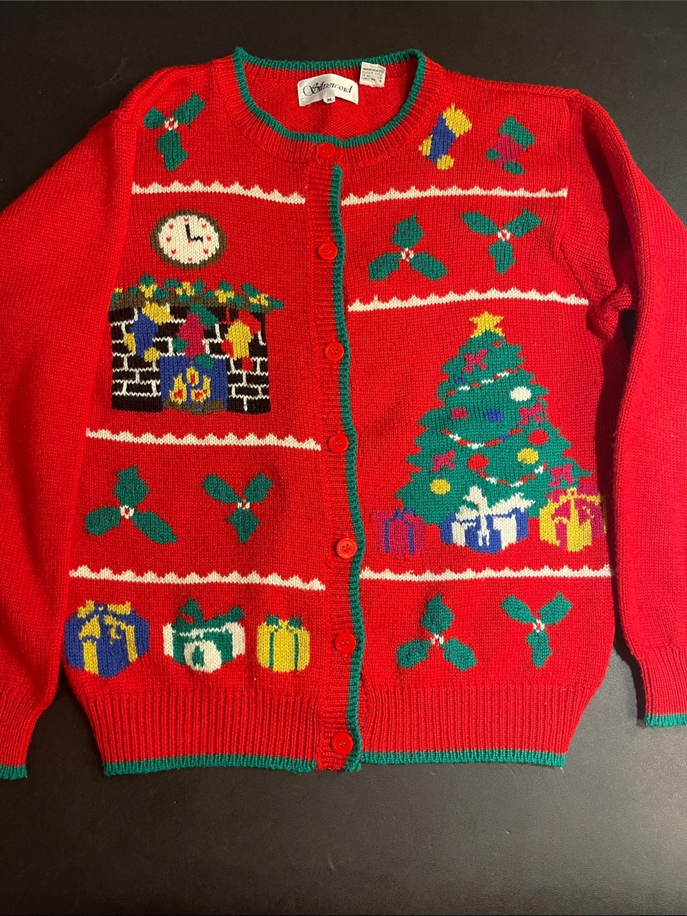 Vintage Ugly Christmas Sweater Cardigan Sz M Holly Presents Stockings & Tree 🌲
